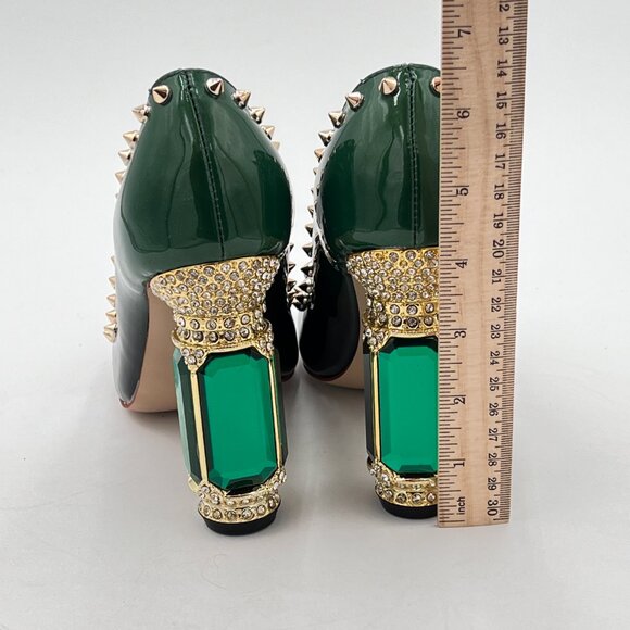 FSJ Green Bridal Pointed Toe Chunky High Heel Crystal Pumps Wedding Dress Shoes - Picture 5 of 8